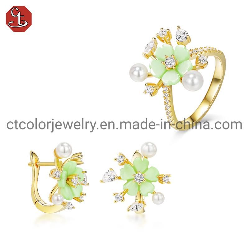 925 Silver 18K Gold Plated Shell Flower Pearl Hoop Earrings Ring Jewelry Set