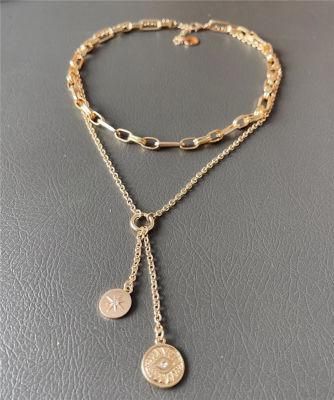 New Stylish 2 Layered Cuban Link Chain Choker Necklace Star Crystal Evil Eye Pendant Coin Necklace for Women Lady Girls