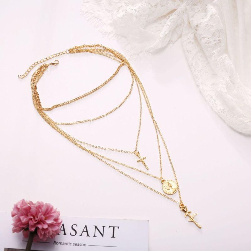 Cross-Border Creative Retro New Fashion Cross Rose Multilayer 5 Layer Necklace Women