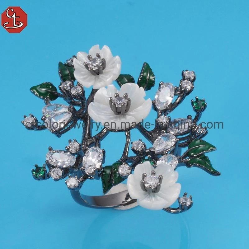 Fashion new 925 silver with 4A white CZ natural MOP flower ring