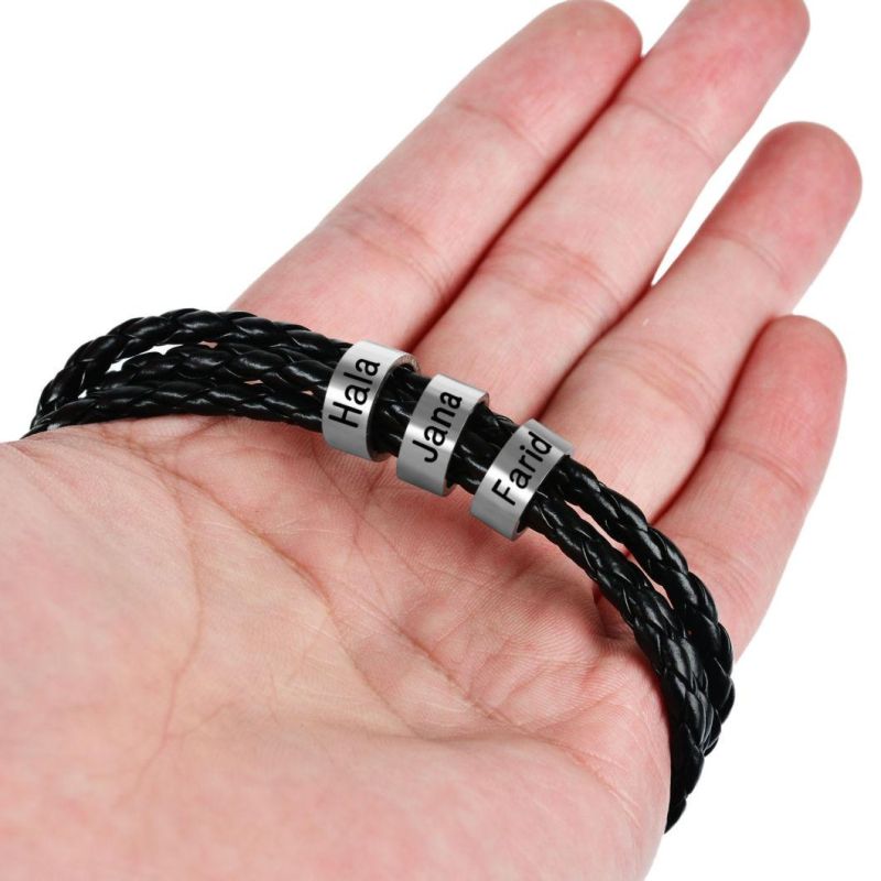 Leather Bracelet Stainless Steel Custom Beads Charm Bracelet for Men