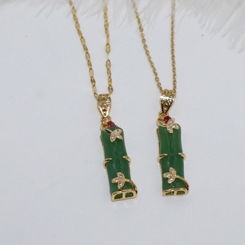 Real Gold Plated Stainless Steel Natural Stone Bamboo Necklace Jewelry Pink Natural Jade Bamboo Necklace for Women Girls