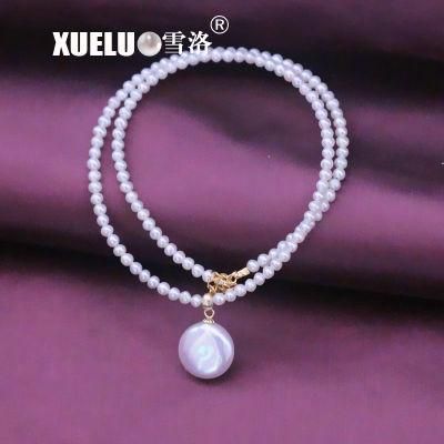 Fashion Small Round Genuine Cultured Freshwater Pearl Necklace with Pendant (XL120059)