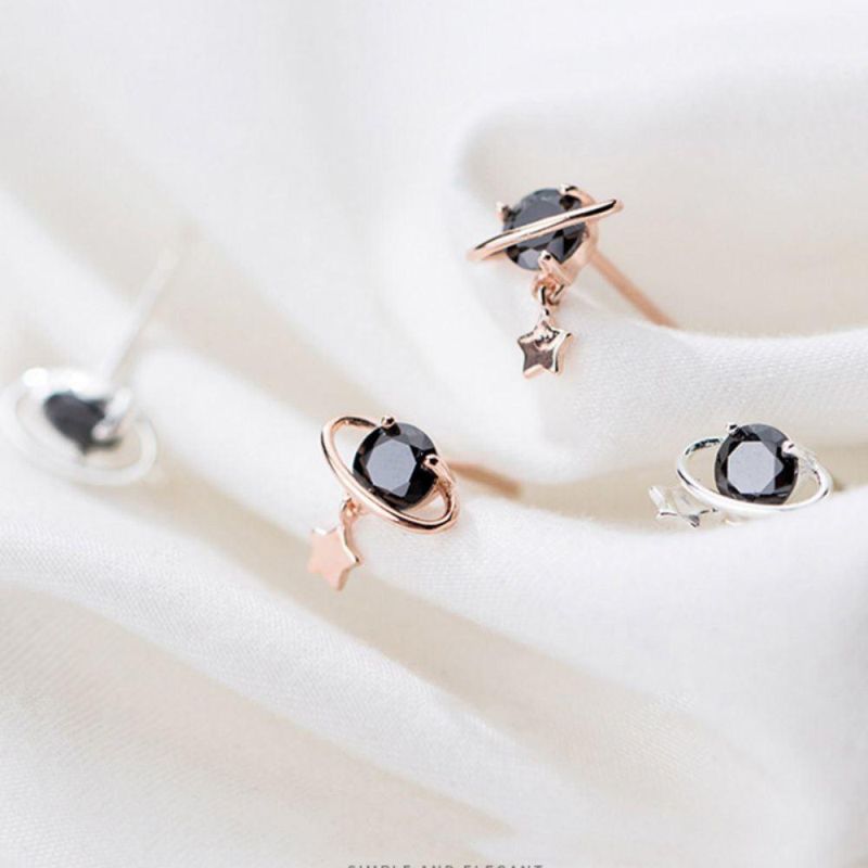 925 Sterling Silver Earring Fashion Jewelry Black CZ Stone Star Planet Stud Earrings for Women Silver 925 Earring