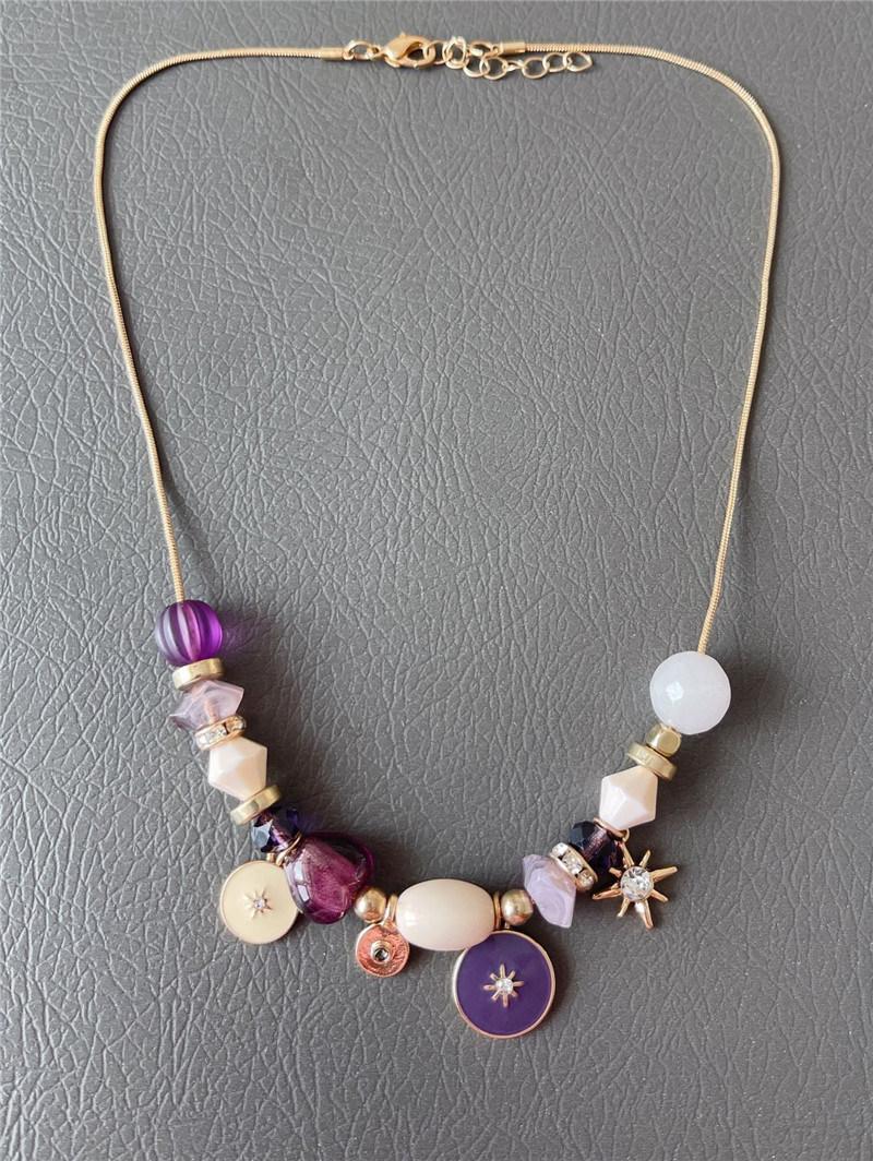 European Styling Cluster Charms Necklace Cream Violet Faceted Bead Necklace Round Coin Enamel Pendant Necklace 18K Gold Lightning Charm Necklace for Female