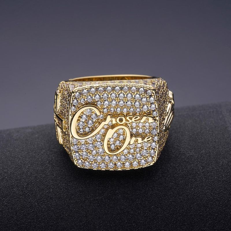Hip Hop 3D Effect 14K Gold Plated Iced out Bling Diamonds Big Size Football Championship Ring Men