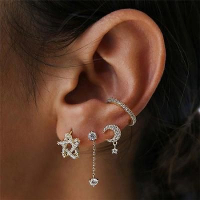 Shiny Mini Cross Star Clip Earring Crystal Zircon Encrusted Stud with Star Shape