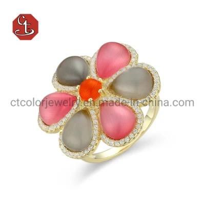 Fashion Jewelry 925 Sterling Silver Ring Daisy Flower Silver Gold Jewelry Pear shaped Color Cat Eyes Stone Ring