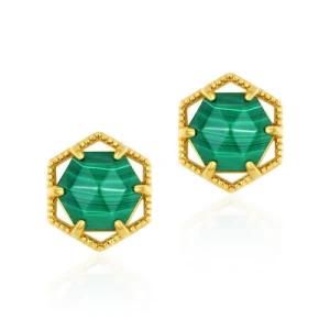 2021 Gold Vermeil Fashion Simple Geometric Hexagonal Malachite Stud Earrings Girl Jewelry
