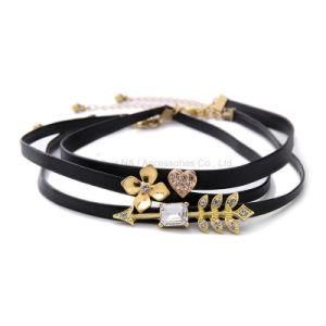 Fashion Punk Necklace New Fashion Alloy Flower Crystal Heart Black Leather Chokers Necklace Charm Jewelry