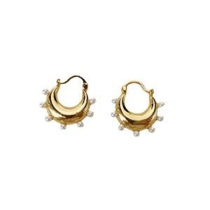 Trendy Design Lady Thick Small Hoop Earrings with Mini Pearl Geometric 18K Gold Plated Pearl Huggie Earrings