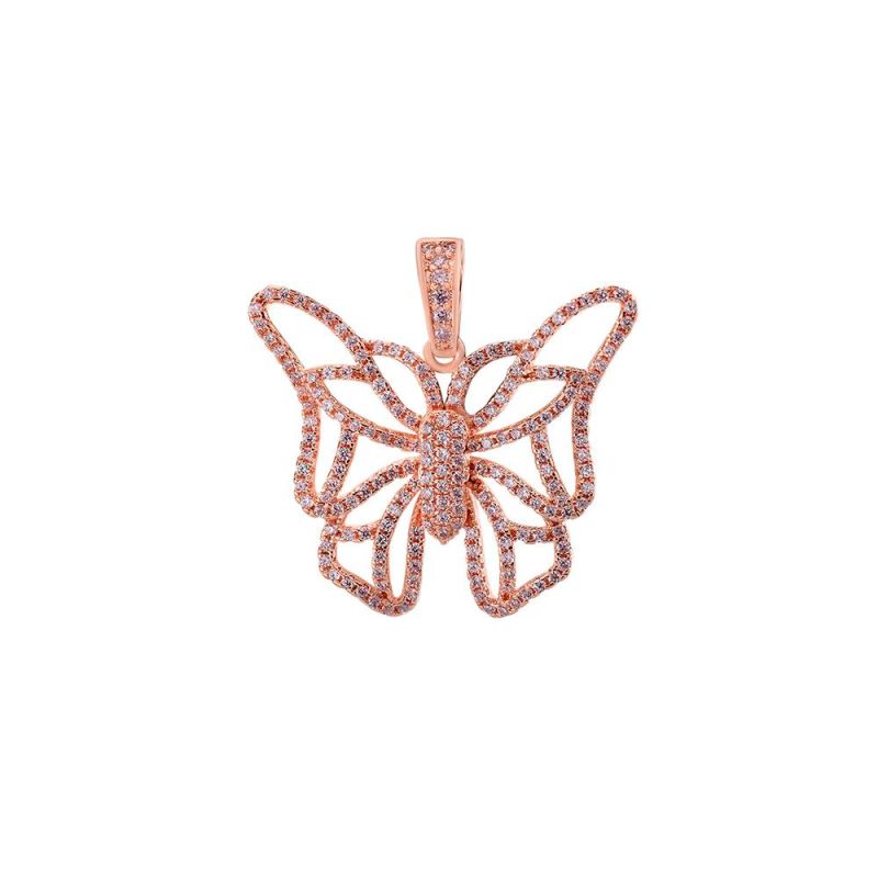 Pink CZ Diamond Rose Gold Charm Iced Butterfly Necklace Pendant