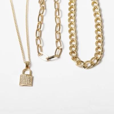 Fashion Jewelry Geometry Zircon Lock Pendant Multi-Layer Chain Necklace