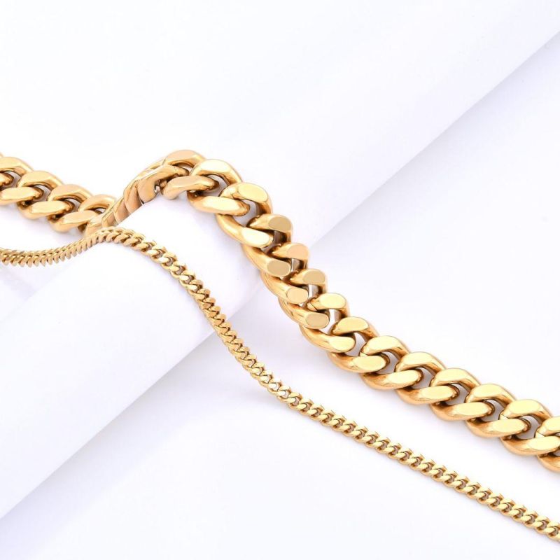 Stainless Steel Layered Necklace Cuban Chain Jewelry Fashion Gold Plated Necklaces for Men and Lady