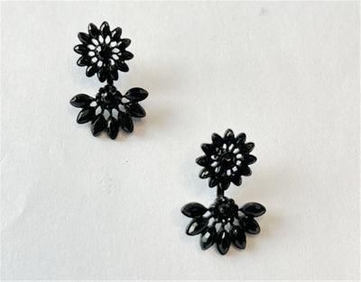 Black Jet Coated Flower Underear Front and Back Floral Stud Earring for Women Jewelry or Gift