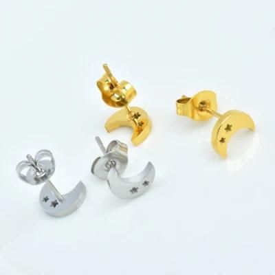 Fashion Stainless Steel Five-Pointed Star Earring Jewelry Gold Plated Titanium Steel Moon and Star Ear Studs Trending Earrings