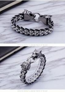 Fashion Punk Style Jewelry Double Wolf Head Buckle Stainless Steel Chain Men&prime;s Bracelet