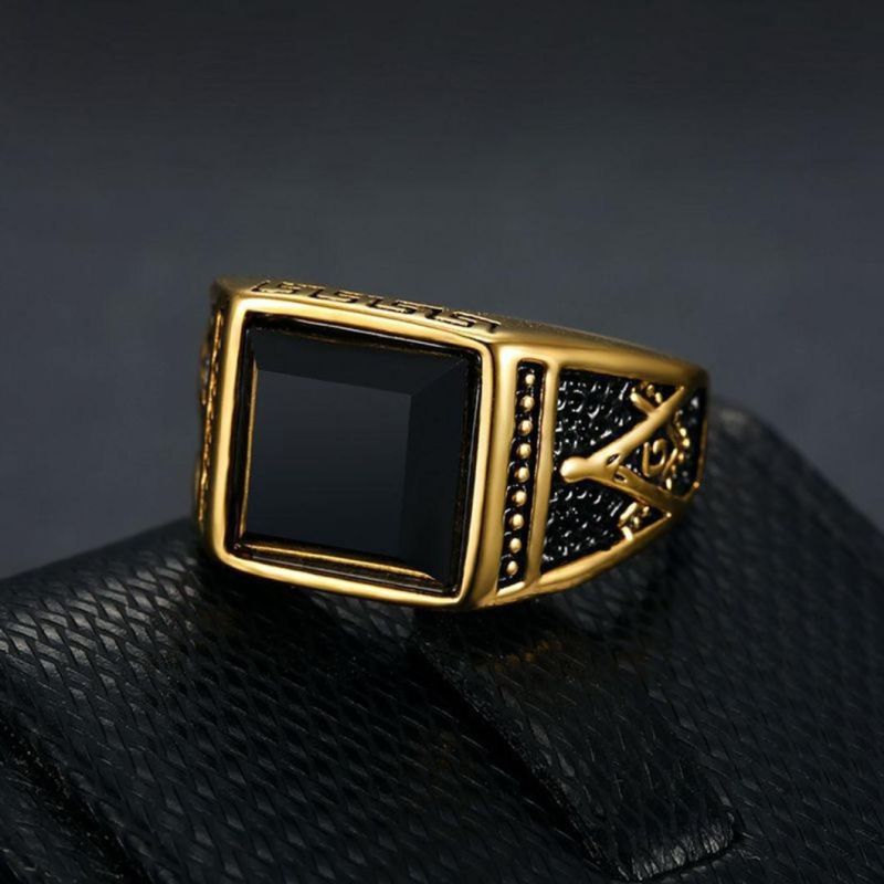 Hot-Selling Classic Retro Rings in Europe and America IP Gold Stainless Steel Black Agate Masonic AG Ring for Men