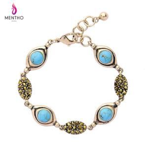 New Retro Inlaid Rhinestone Alloy Women&prime;s Bracelet Eye Shape Turquoise Pendant Jewelry