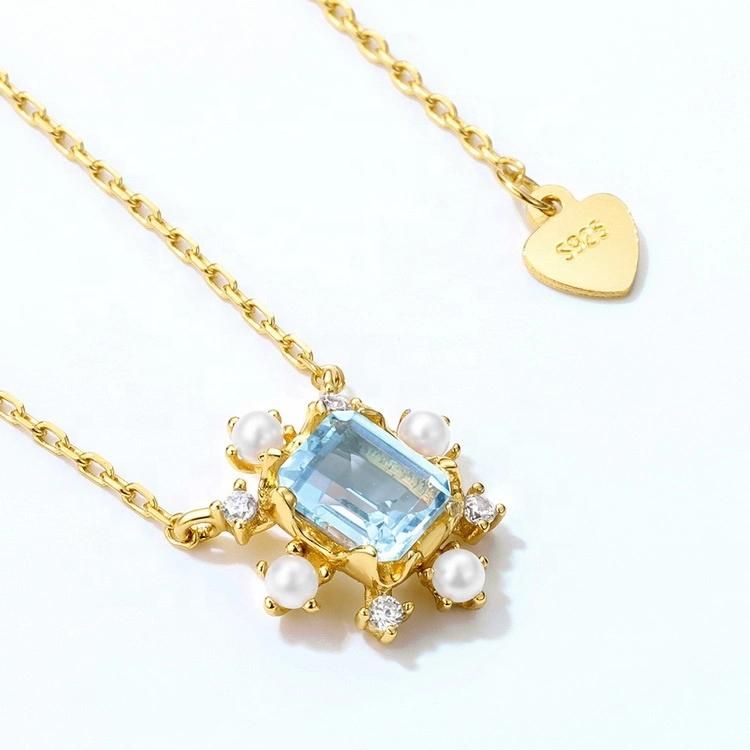 Wholesale 925 Silver Sky Blue Topaz Necklace Jewelry Trend Gold Plating Necklace with Zircon Pendant