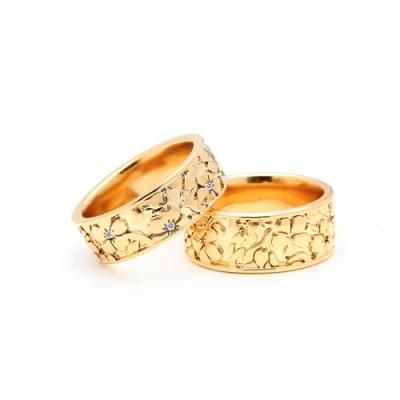 Latest Width Sand Stone Texture Gold Plated Finger Rings Women with Crystal