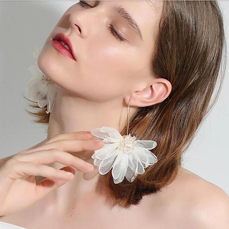 Vacation Style Big Petals Fabric Flower Drop Earrings for Women