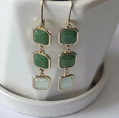 Retro Stylish 3 Squares Long Drop French Fishhook Earring in Green Color for Women Clothing Accessories