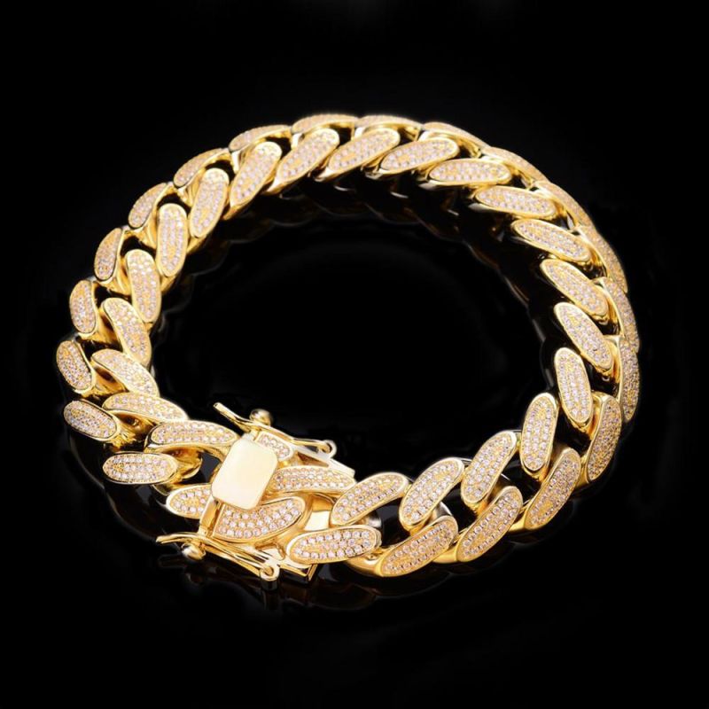 925 Sterling Silver Mens 18K Gold Cuban CZ Link Chain Bracelet Bangles