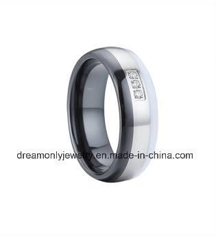 White and Black Ceramic Ring Steel Inlay with White Stone