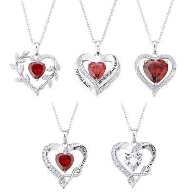 Garnet Birthstone 18K White Rose Gold Plated 925 Sterling Silver Diamond Heart Shape Pendant Heart Necklaces for Women