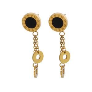 Black Roman Numerals Small Circle Long Tassel Gold-Plated Stainless Steel Earrings Stud