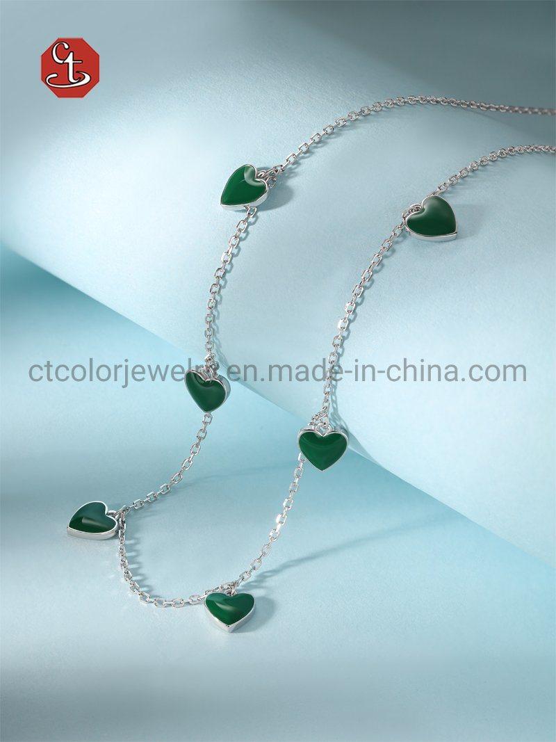 Fashion Jewelry Love Pendant Green Enamel Color Women 925 Silver Simple  Necklace