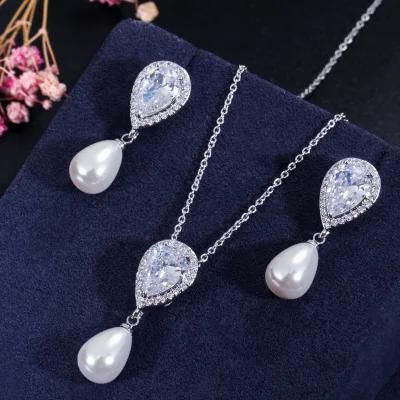Ivory Pearl Pear CZ Stone Necklace Jewelry Set Include Ring Wedding CZ Jewelry Bridal CZ Necklace Jewelry Fashion Necklace Jewelry Set