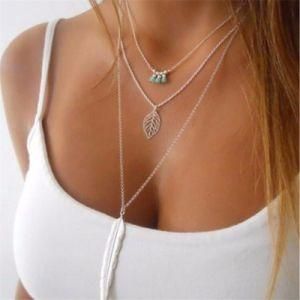 Fashion Simple Necklaces Leaf Long 3 Layer Pendant Necklaces