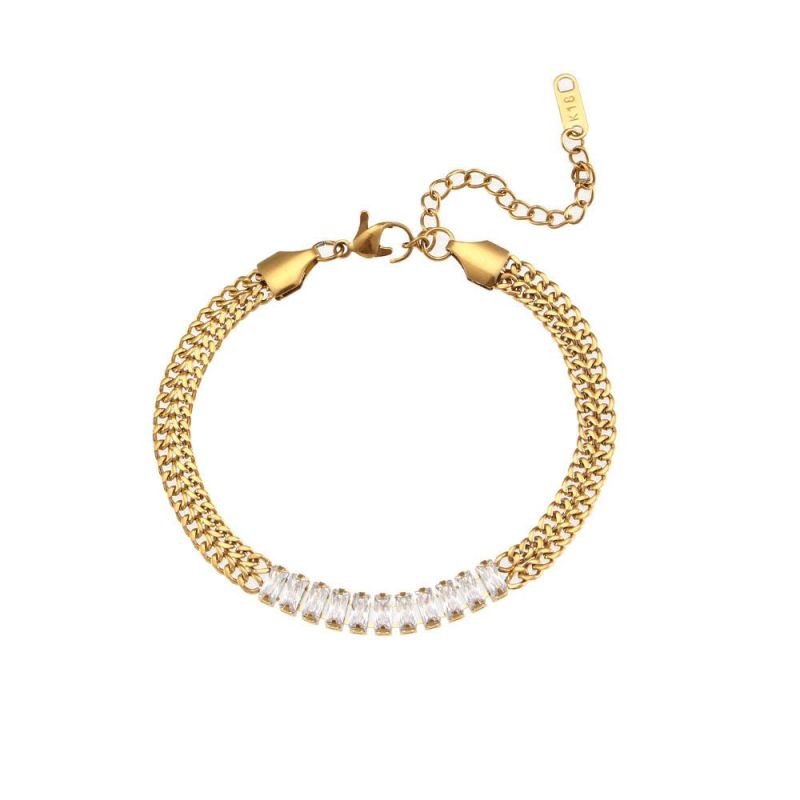 Manufacturer Customized Fashion Jewelry 18K Gold Plated Stainless Steel Metal Bracelet Jewelry Fashion Ins Rectangular Zircon Knife Bracelet Women
