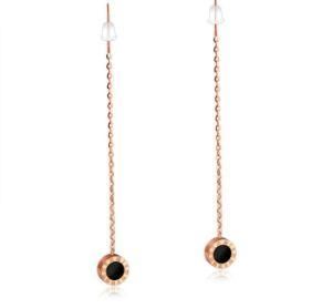 Natural Black Shell Earrings Rose Gold Long Drop Earrings 316L Stainless Steel Earrings Round Shaped Roman Numerals Jewelry