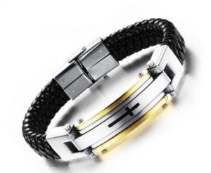 Punk Rock Cool Male Leather Gold Stainless Steel Cross Bracelets Handmade Braided Wristband for Men Pulseira Masculina Couro