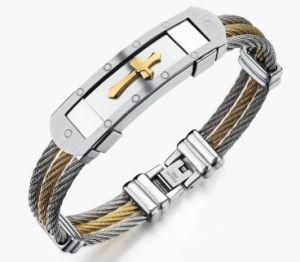 Fashion Male Cross Cable Bangles Twisted Silver Gold Stainless Steel Jesus Cross Charm Cuff Wire Bracelets Jewelry for Men