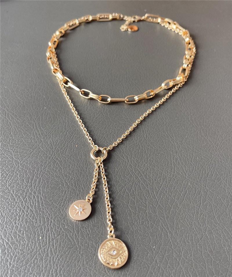 New Stylish 2 Layered Cuban Link Chain Choker Necklace Star Crystal Evil Eye Pendant Coin Necklace for Women Lady Girls