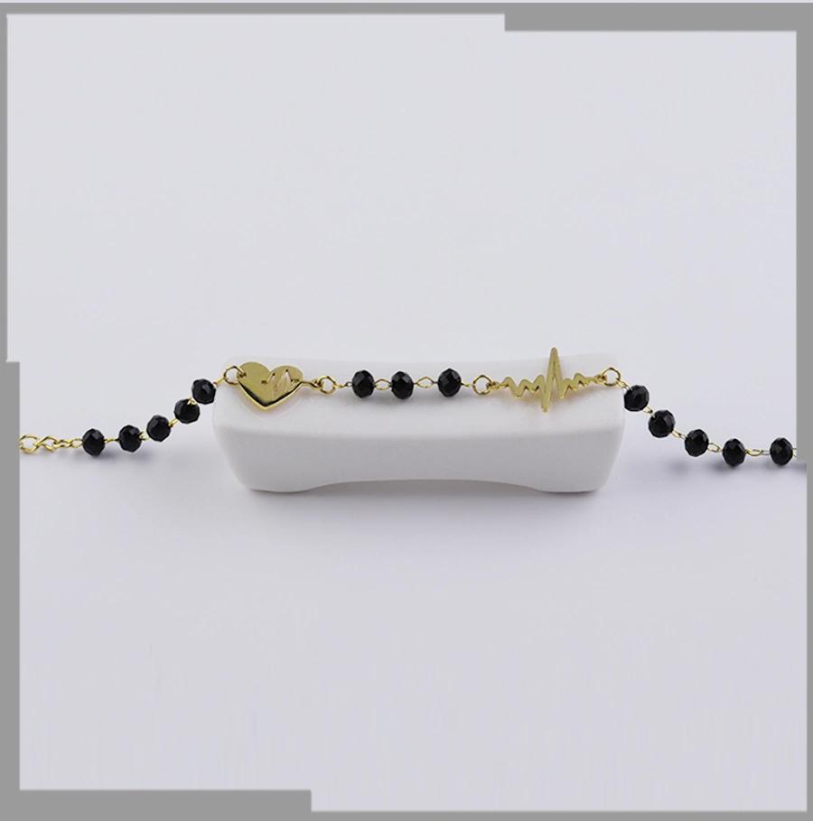 Frosty Wind Simple Black Gold with Love Hollow ECG Women′ S Bracelet
