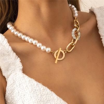 European and American 18K Gold Plated Pearl Ot Lock Pearl Necklace with Pave Stone Oval Links
