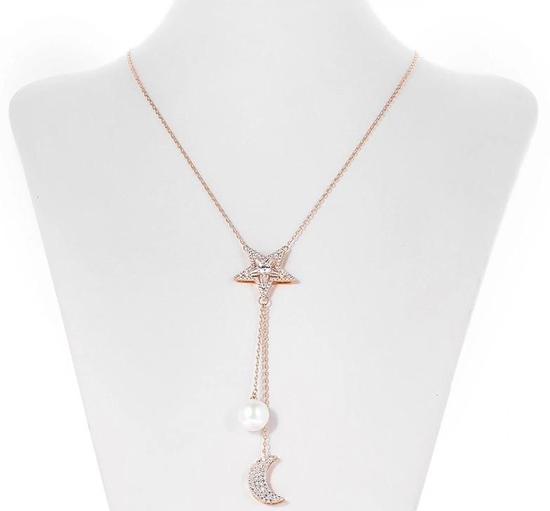 Fashion Jewelry Star Type Rose Gold Color Pearl Sweater Chain Necklace for Women