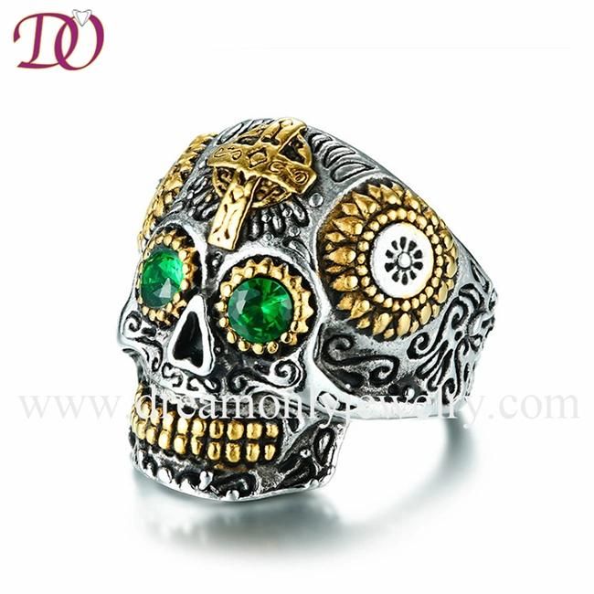 IP Gold Plated Skull Ring High Polish Ring with Green Rhinstones