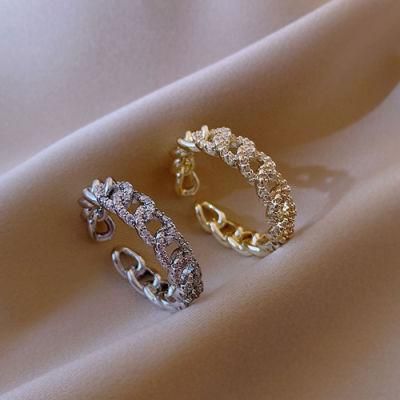 Real 18K Gold Plated Rhinestone Chunky Chain Finger Open Ring Pave Diamond Adjustable Chain Rings