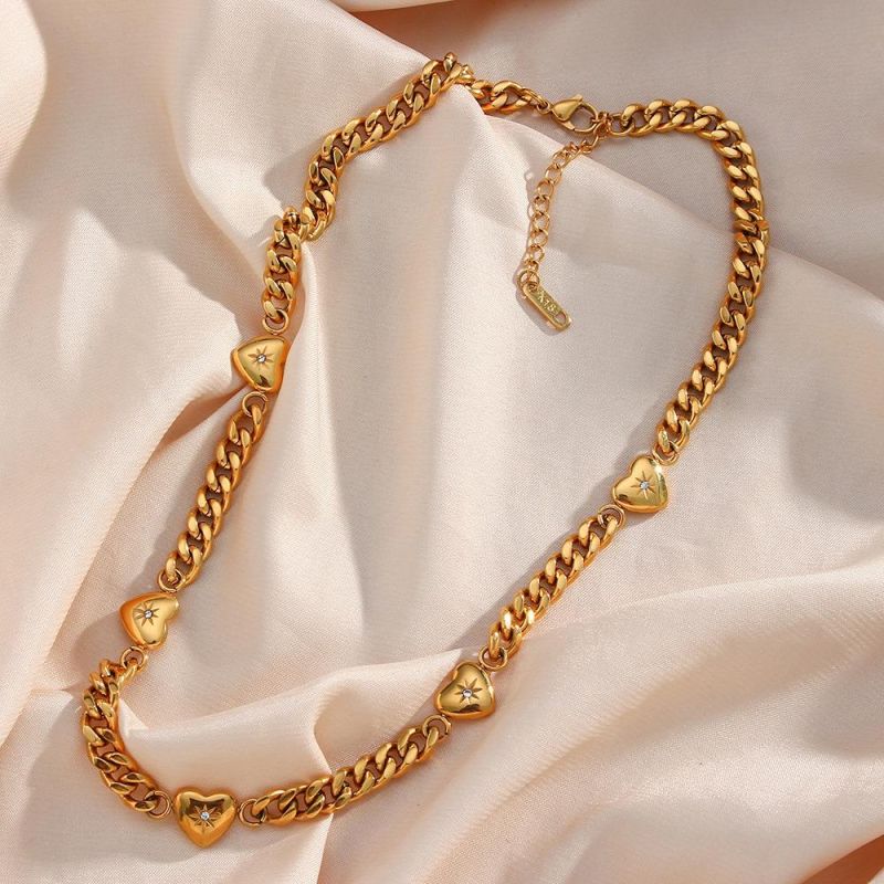 Factory Customized Fashion Retro Fashion Ins Jewelry Stainless Steel Electroplating 18K Gold Zirconium Inlaid Love Pendant Cuban Chain Necklace