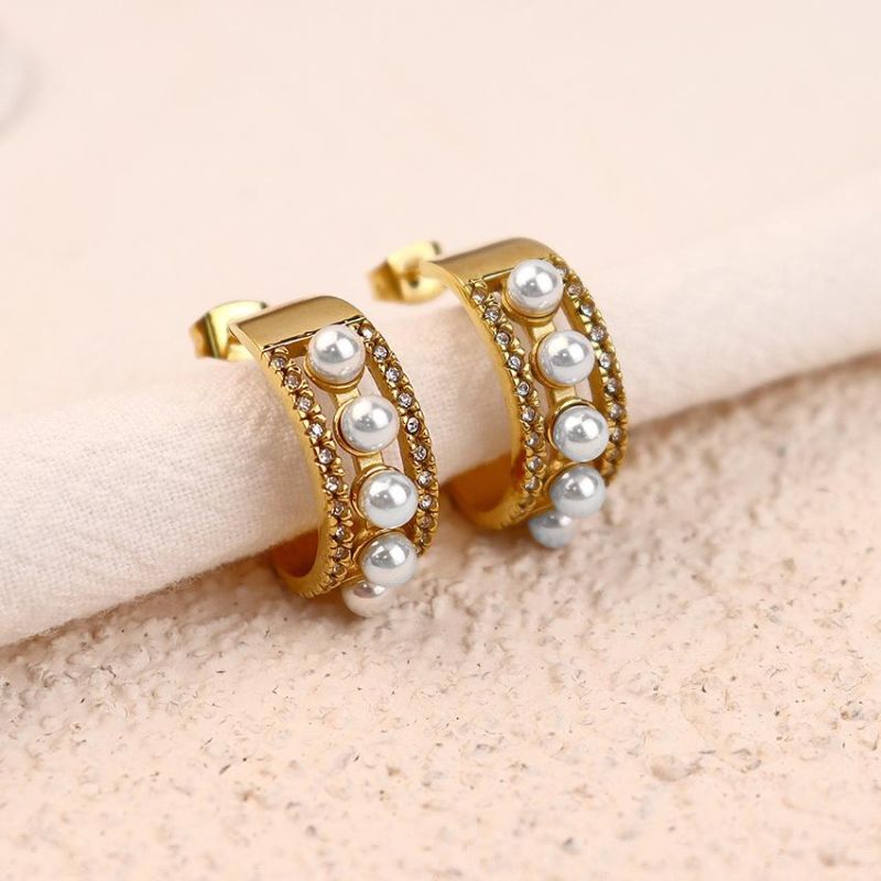 3 Designs Stainless Steel Cubic Zircon Twisted Wide Chunky Hoop Earrings 18K Gold Plated Pearl Earrings Statement Jewelry 2022