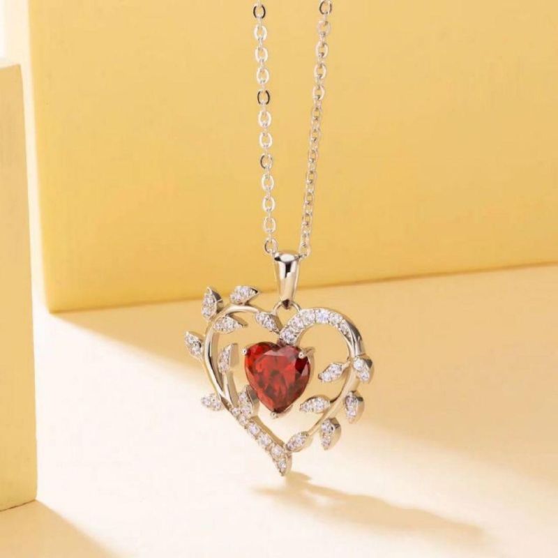 Garnet Birthstone 18K White Rose Gold Plated 925 Sterling Silver Diamond Heart Shape Pendant Heart Necklaces for Women