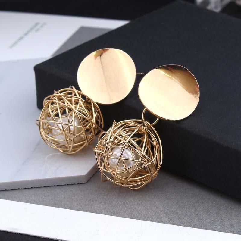 Women Golden Color Round Ball Geometric Earrings Fashion Jewelry Stud Earrings