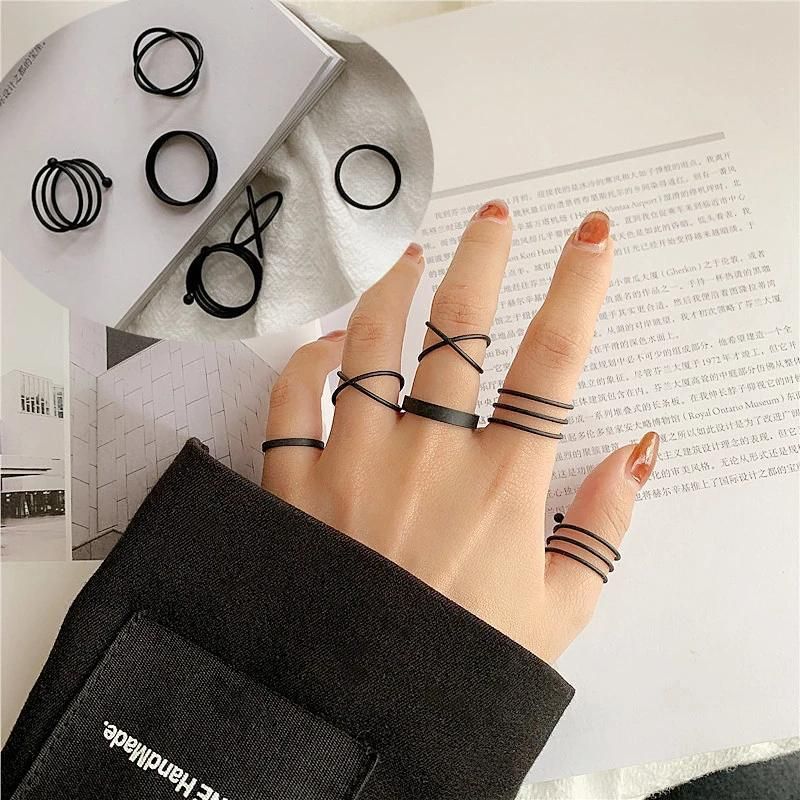 7PCS Girls Black Minimalist Metal Finger Rings Sets Fashion Accessories