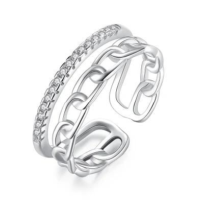 925 Sterling Silver Ring Minimalist Chain Style Multi-Layer Zircon Adjustable Ring Women Wedding Jewelry